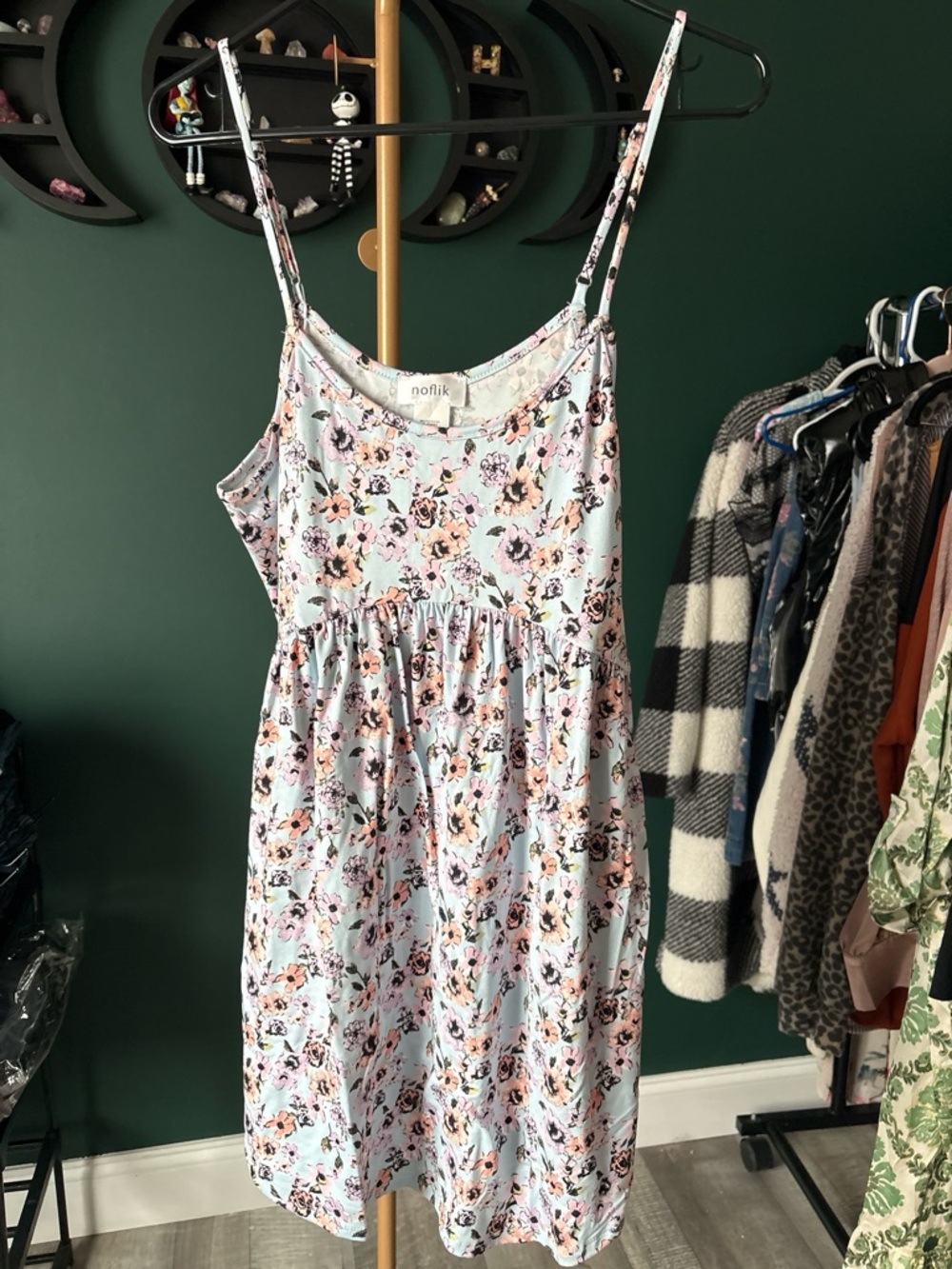 noflik Boutique Floral Spaghetti-Strap Mini Dress - Light Blue